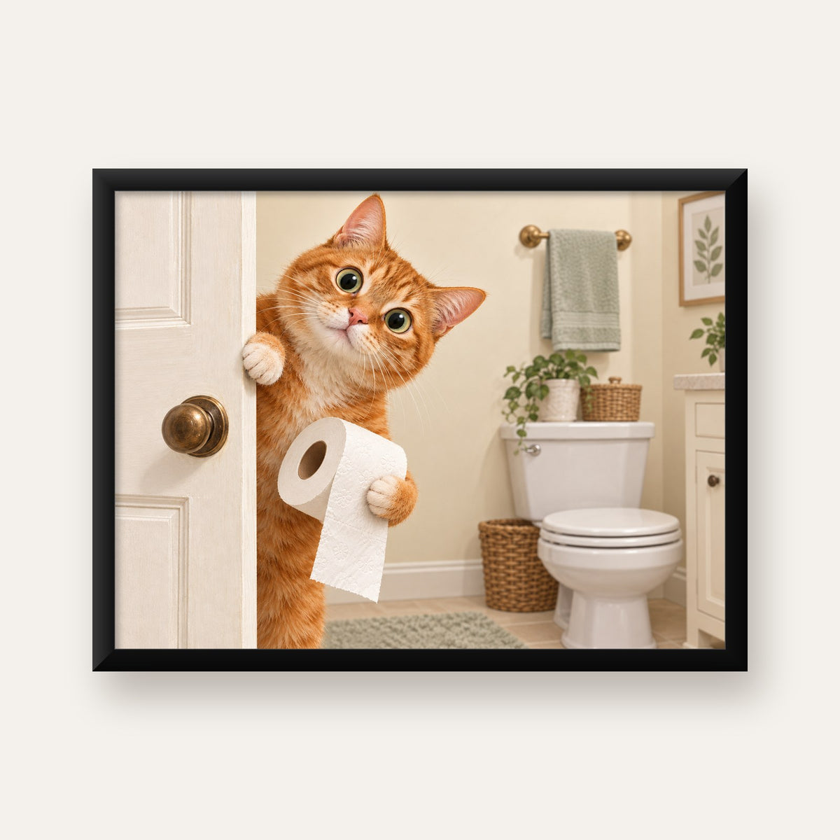 Komik Tuvalette Kedi Poster – Turuncu Kedi Banyo Dekoru — Yatay baskı, düz siyah çerçeveli duvar posteri
