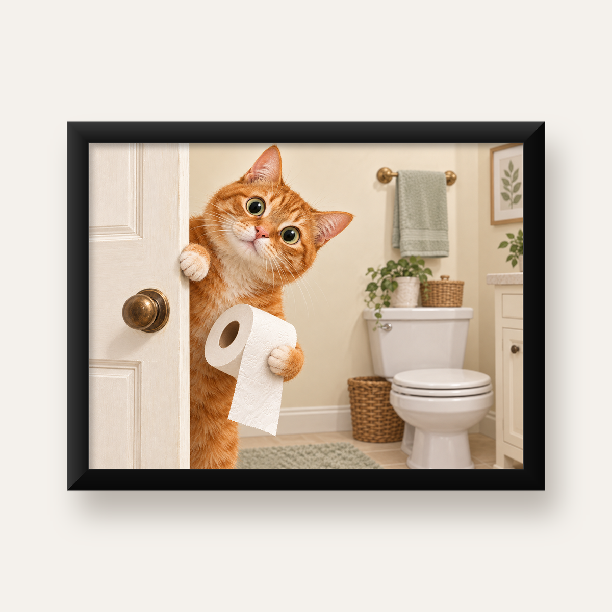 Komik Tuvalette Kedi Poster – Turuncu Kedi Banyo Dekoru — Yatay baskı, düz siyah çerçeveli duvar posteri