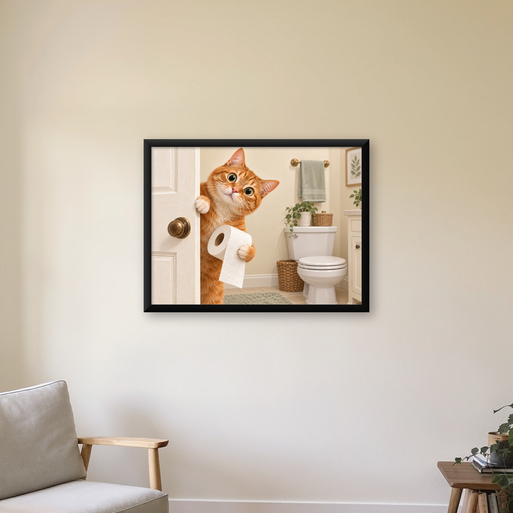 Komik Tuvalette Kedi Poster – Turuncu Kedi Banyo Dekoru — Yatay baskı, çerçeveli hâliyle bir ev duvarında