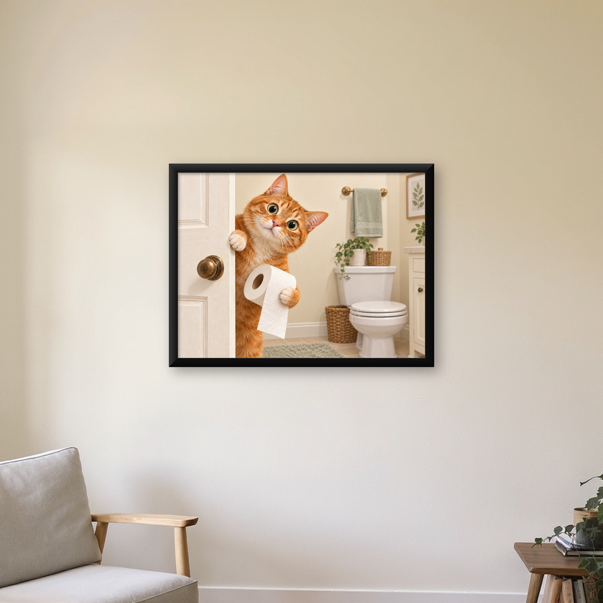 Komik Tuvalette Kedi Poster – Turuncu Kedi Banyo Dekoru — Yatay baskı, çerçeveli hâliyle bir ev duvarında