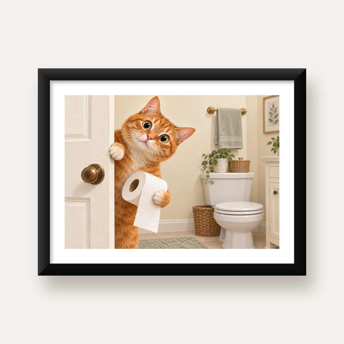 Komik Tuvalette Kedi Poster – Turuncu Kedi Banyo Dekoru — Yatay baskı, beyaz paspartulu