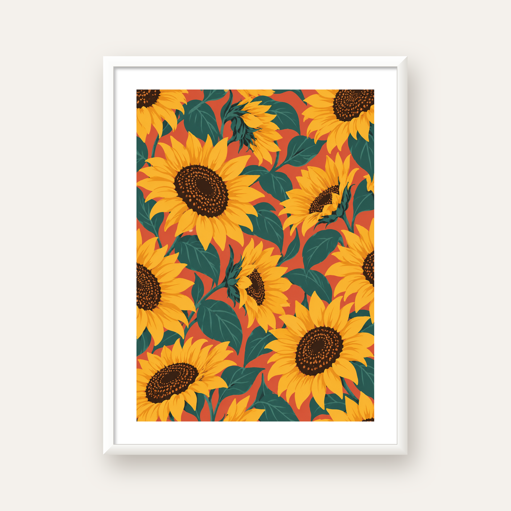 Ayçiçeği Desenli Modern Dijital Duvar Posteri — beyaz çerçeveli dikey poster