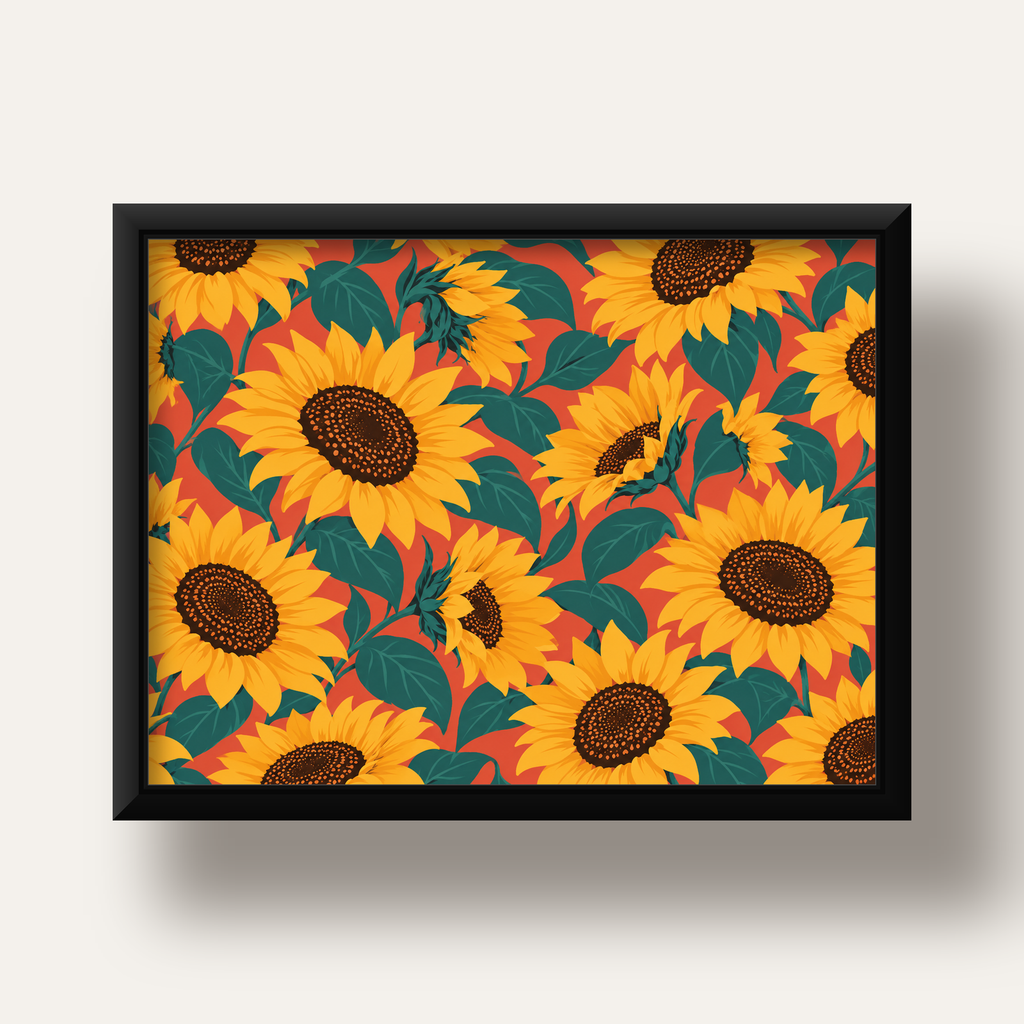Ayçiçeği Desenli Modern Dijital Duvar Posteri — siyah derin çerçeveli