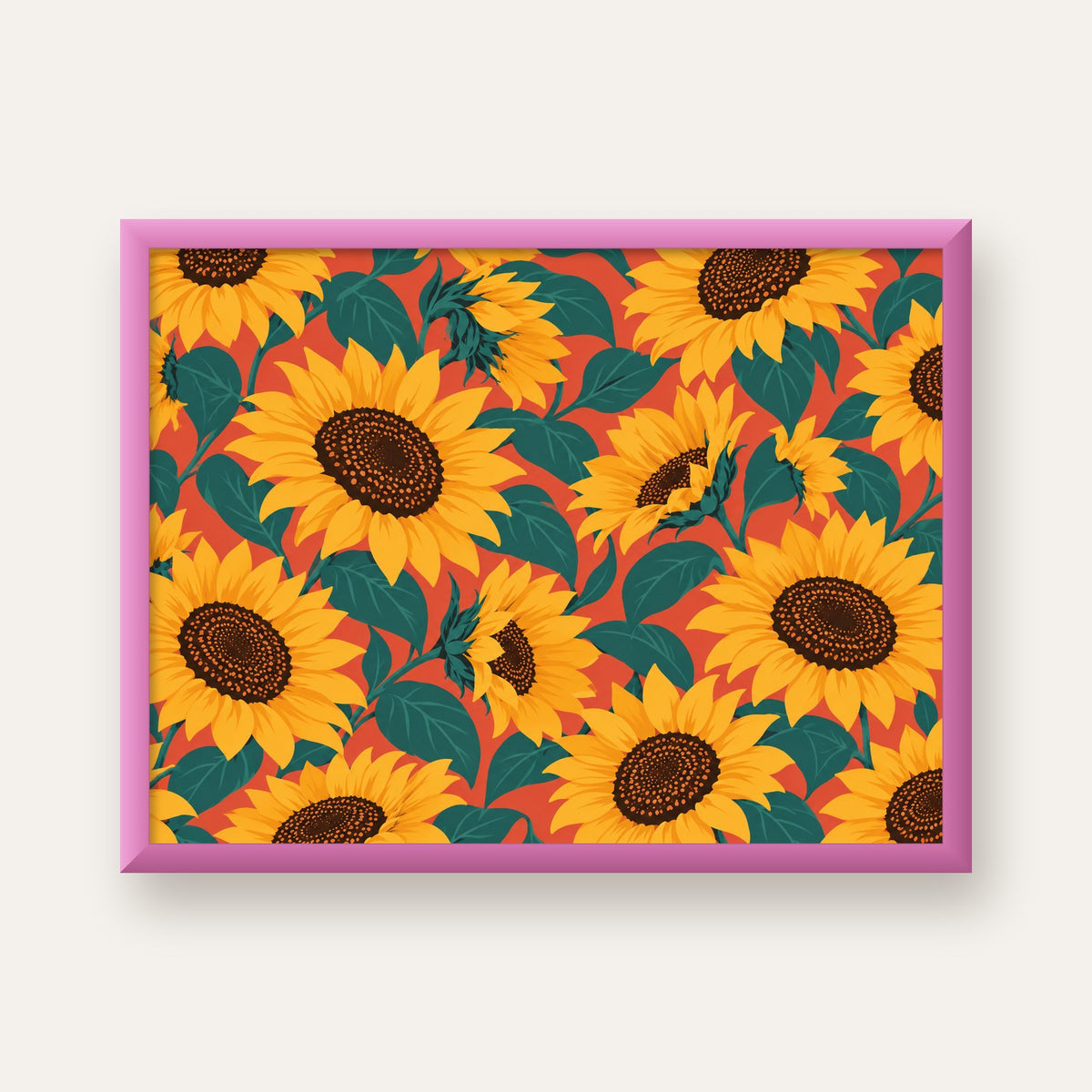 Ayçiçeği Desenli Modern Dijital Duvar Posteri — pembe çerçeveli