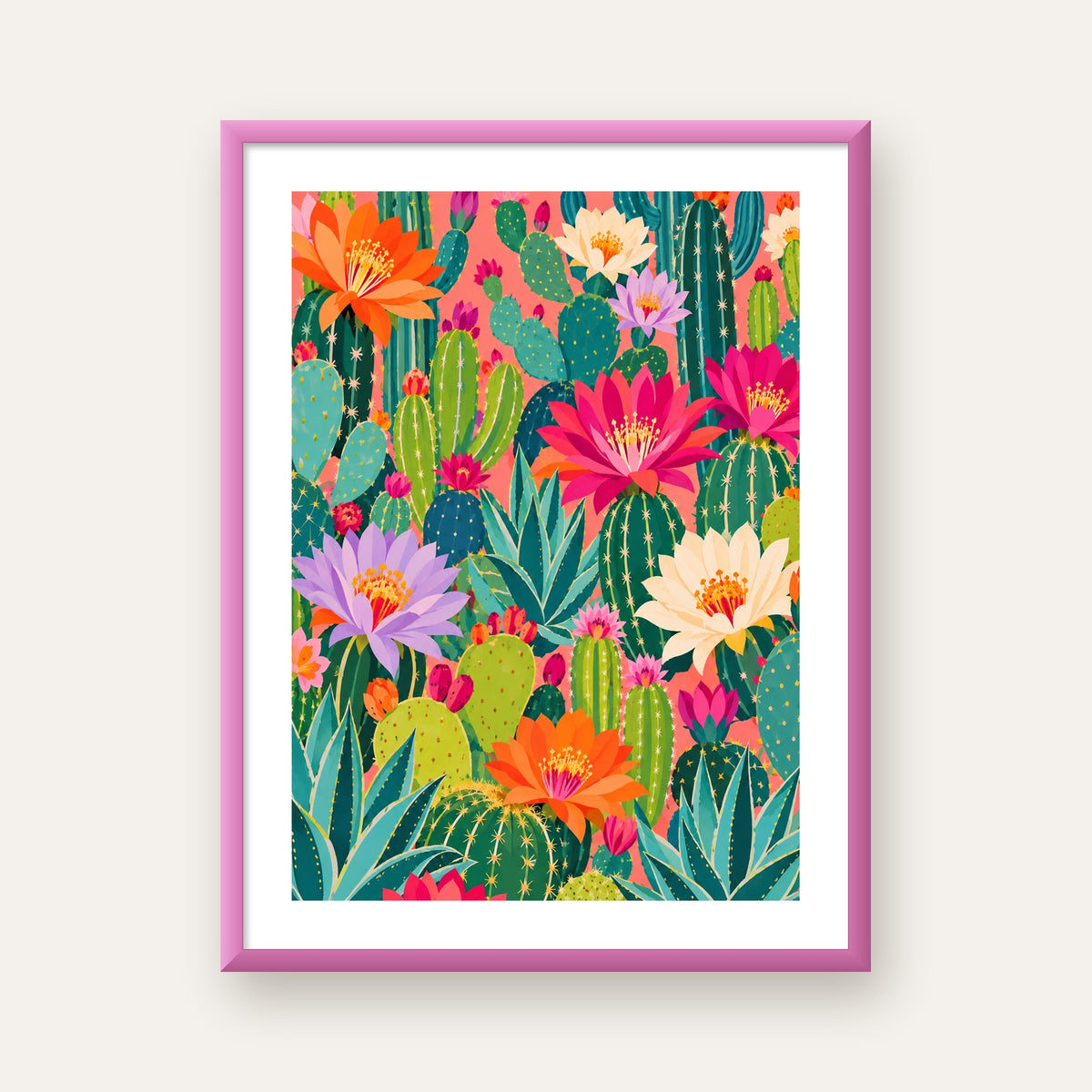 Çiçekli Kaktüs Desenli Poster – Canlı Bitki İllüstrasyonu — pembe çerçeveli paspartulu