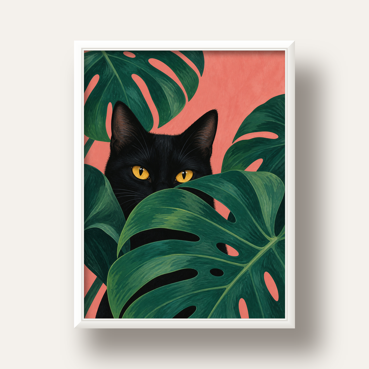 Monstera ve Siyah Kedi Dijital Poster – Modern Duvar Dekoru — beyaz derin çerçeveli