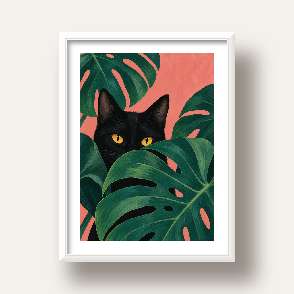 Monstera ve Siyah Kedi Dijital Poster – Modern Duvar Dekoru — beyaz derin çerçeveli paspartulu