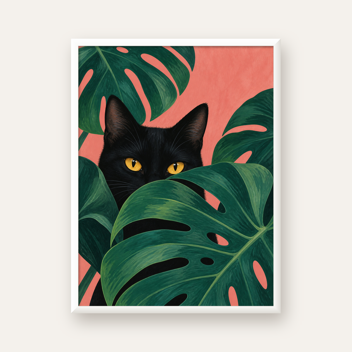 Monstera ve Siyah Kedi Dijital Poster – Modern Duvar Dekoru — beyaz çerçeveli dikey poster