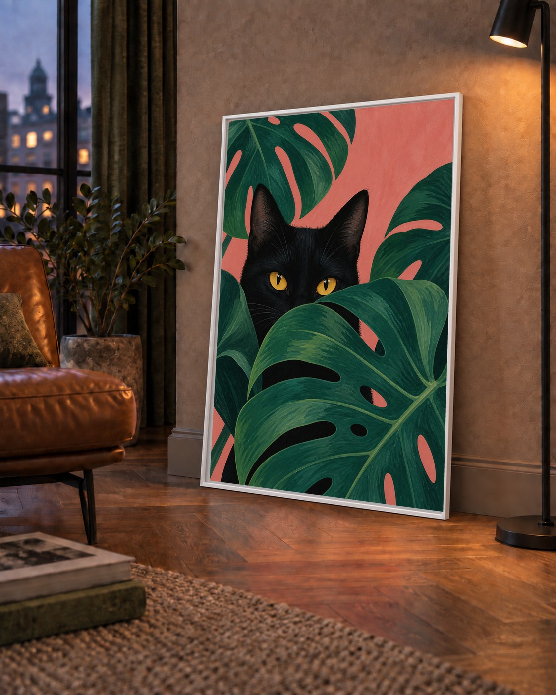 Monstera ve Siyah Kedi Dijital Poster – Modern Duvar Dekoru — çerçeveli hâliyle bir ev duvarında