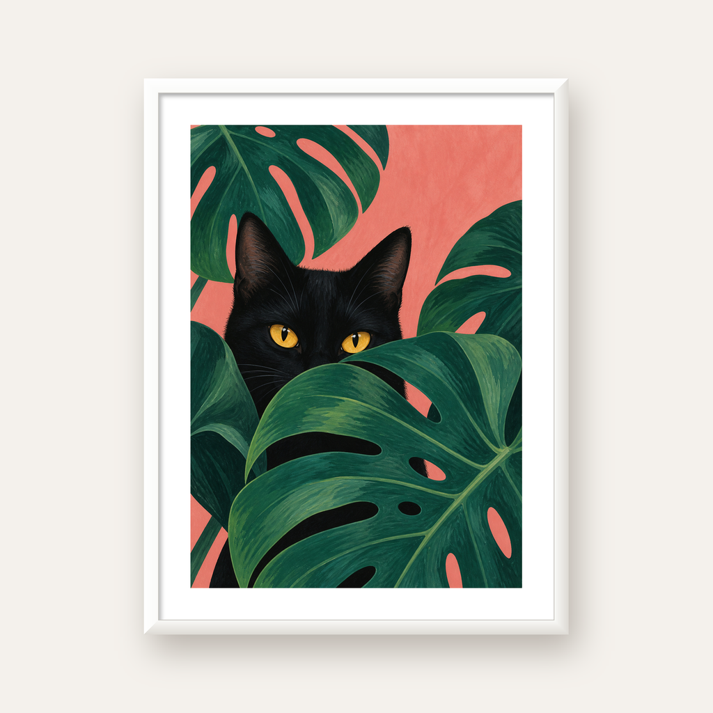 Monstera ve Siyah Kedi Dijital Poster – Modern Duvar Dekoru — beyaz çerçeveli dikey poster