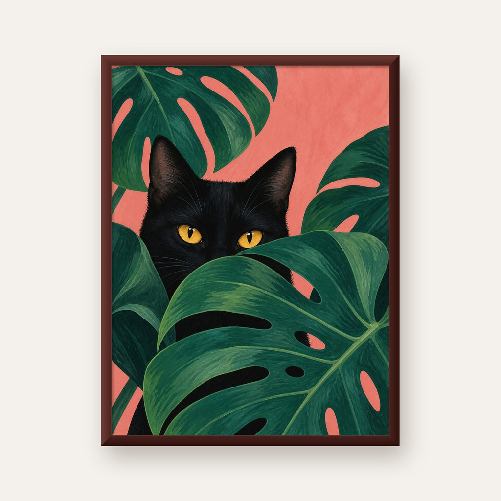 Monstera ve Siyah Kedi Dijital Poster – Modern Duvar Dekoru — ceviz çerçeveli
