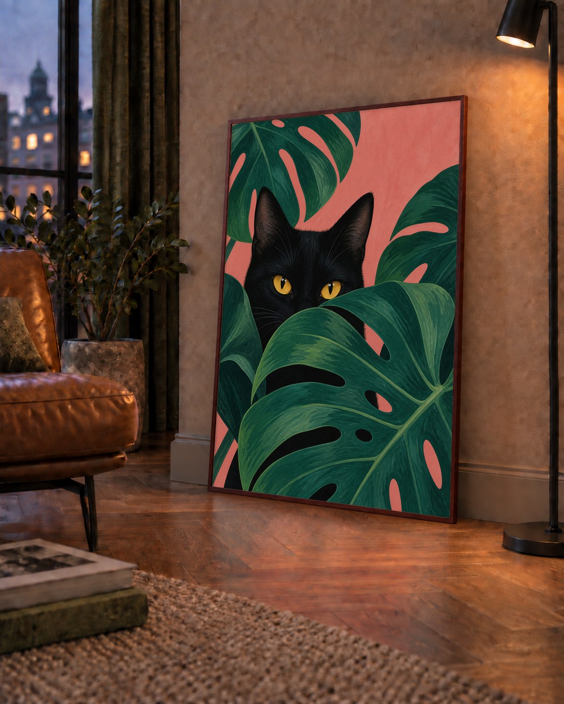 Monstera ve Siyah Kedi Dijital Poster – Modern Duvar Dekoru — çerçeveli hâliyle bir ev duvarında