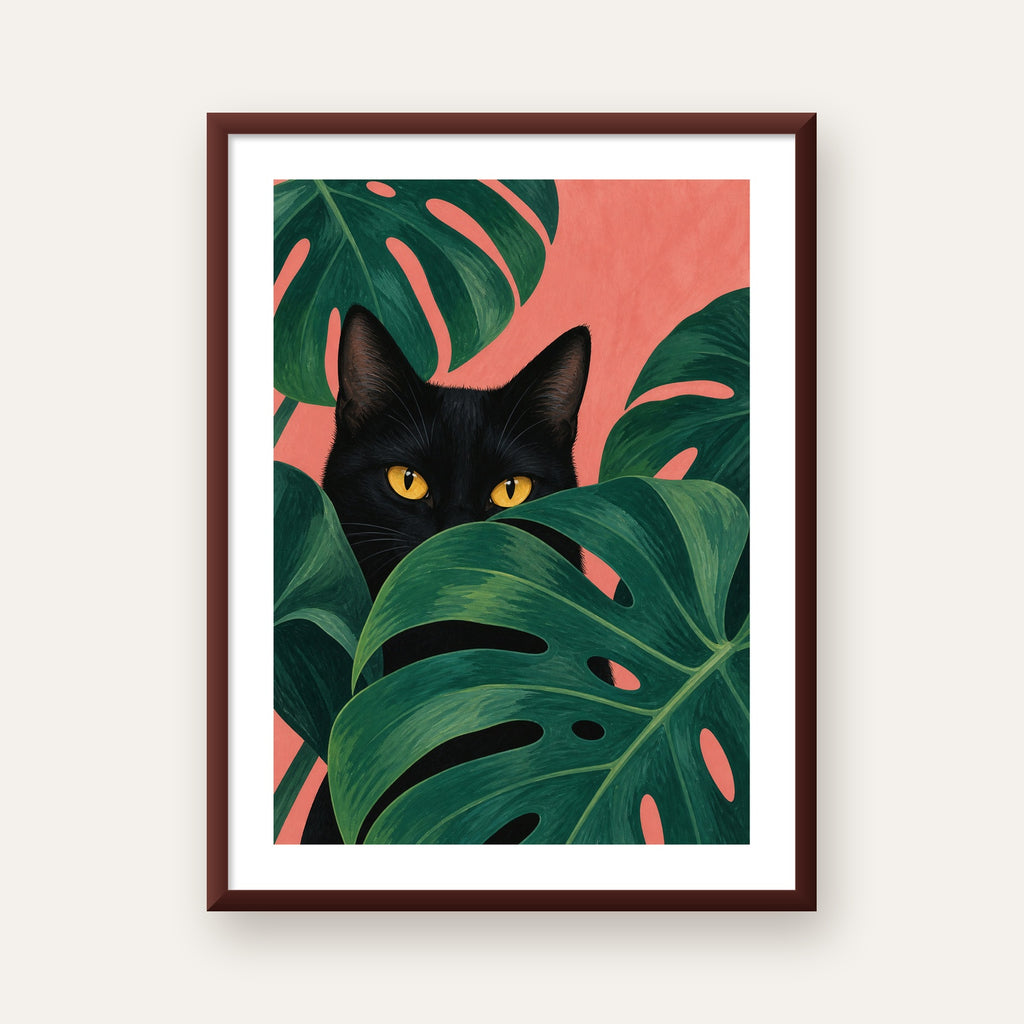 Monstera ve Siyah Kedi Dijital Poster – Modern Duvar Dekoru — ceviz çerçeveli paspartulu