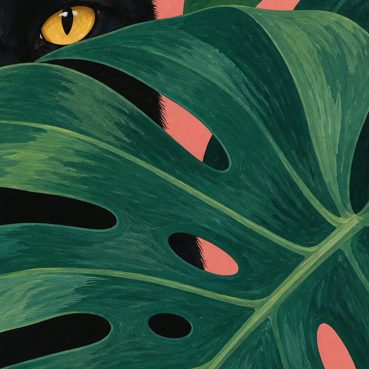 Monstera ve Siyah Kedi Dijital Poster – Modern Duvar Dekoru — baskının yakın çekimi, kâğıt dokusu ve renk detayı