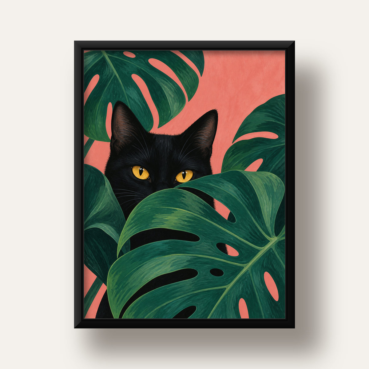 Monstera ve Siyah Kedi Dijital Poster – Modern Duvar Dekoru — siyah derin çerçeveli