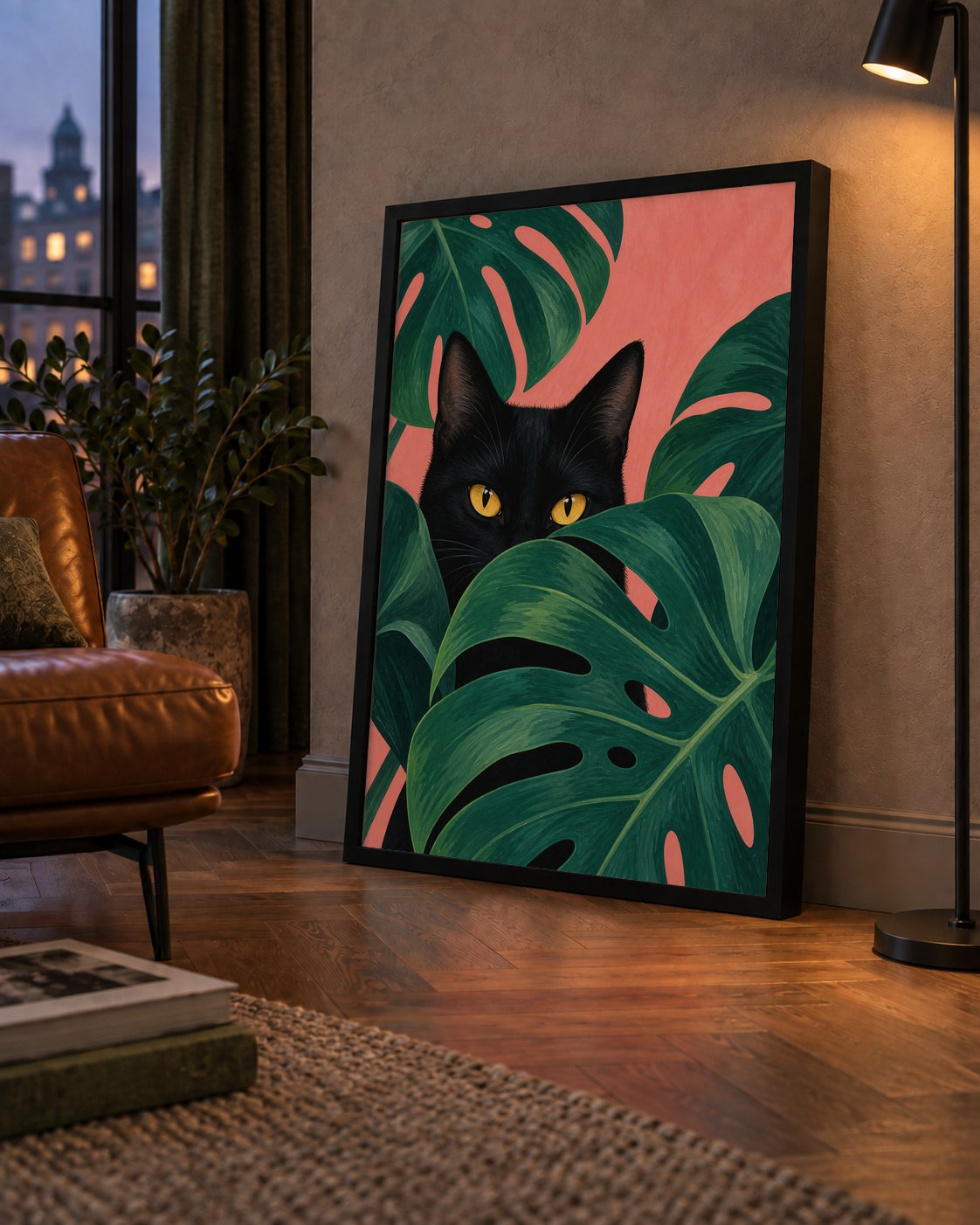 Monstera ve Siyah Kedi Dijital Poster – Modern Duvar Dekoru — çerçeveli hâliyle bir ev duvarında