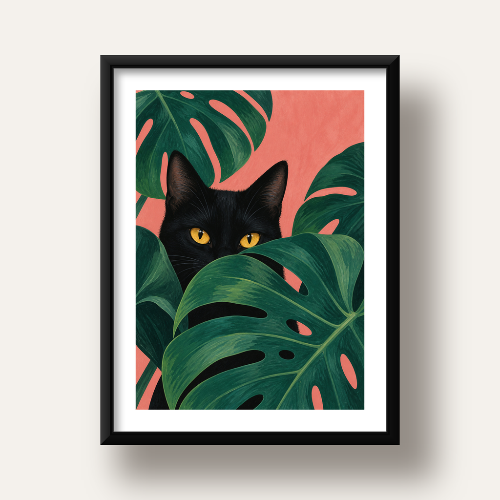 Monstera ve Siyah Kedi Dijital Poster – Modern Duvar Dekoru — siyah derin çerçeveli paspartulu