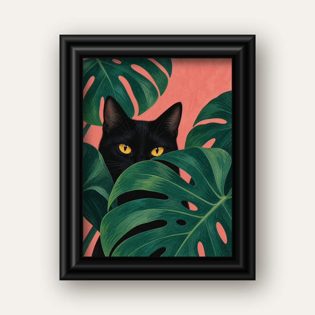 Monstera ve Siyah Kedi Dijital Poster – Modern Duvar Dekoru — siyah galeri çerçeveli