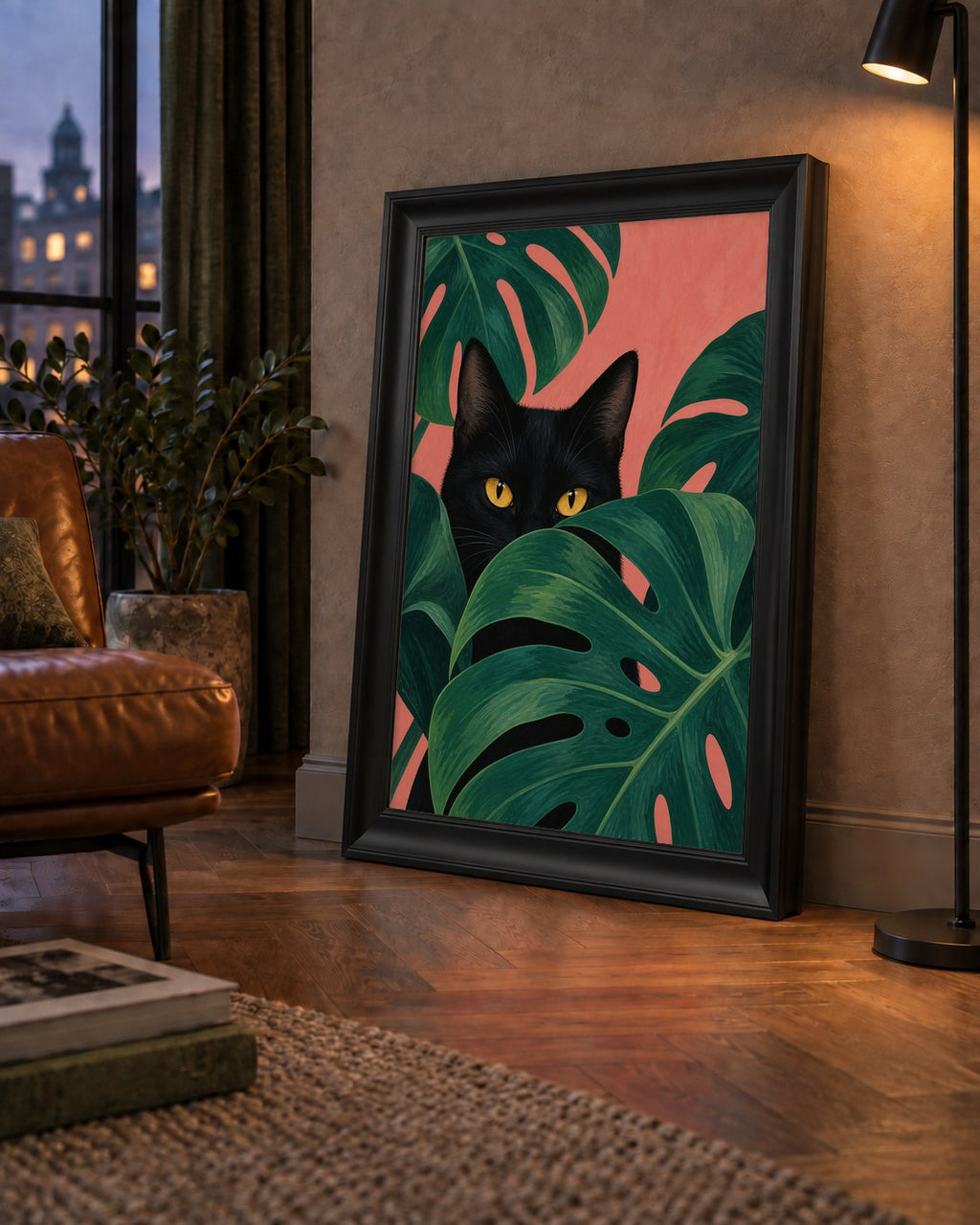 Monstera ve Siyah Kedi Dijital Poster – Modern Duvar Dekoru — çerçeveli hâliyle bir ev duvarında