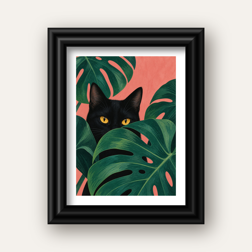 Monstera ve Siyah Kedi Dijital Poster – Modern Duvar Dekoru — siyah galeri çerçeveli paspartulu