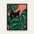 Monstera ve Siyah Kedi Dijital Poster – Modern Duvar Dekoru — Dikey baskı, düz siyah çerçeveli duvar posteri