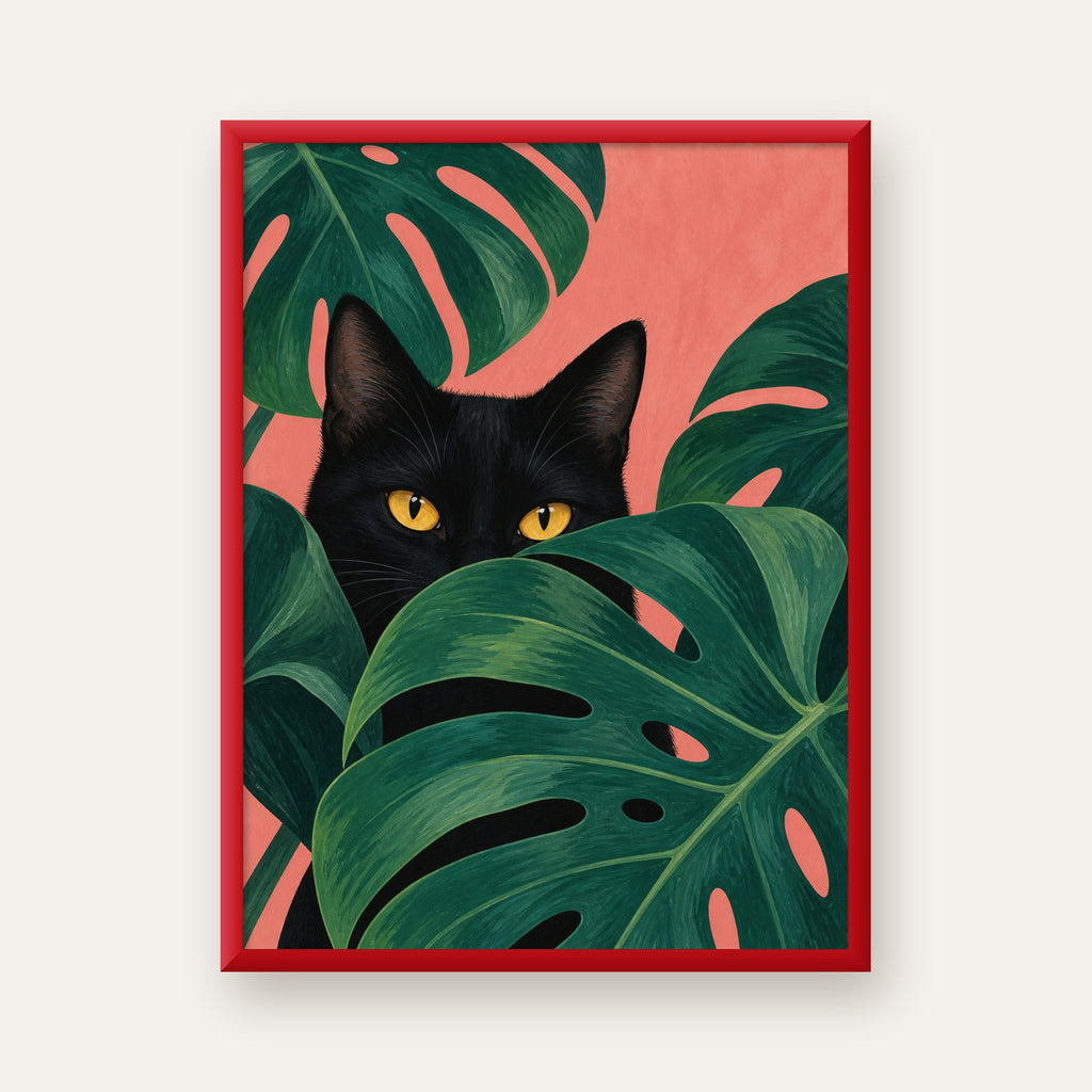 Monstera ve Siyah Kedi Dijital Poster – Modern Duvar Dekoru — kırmızı çerçeveli