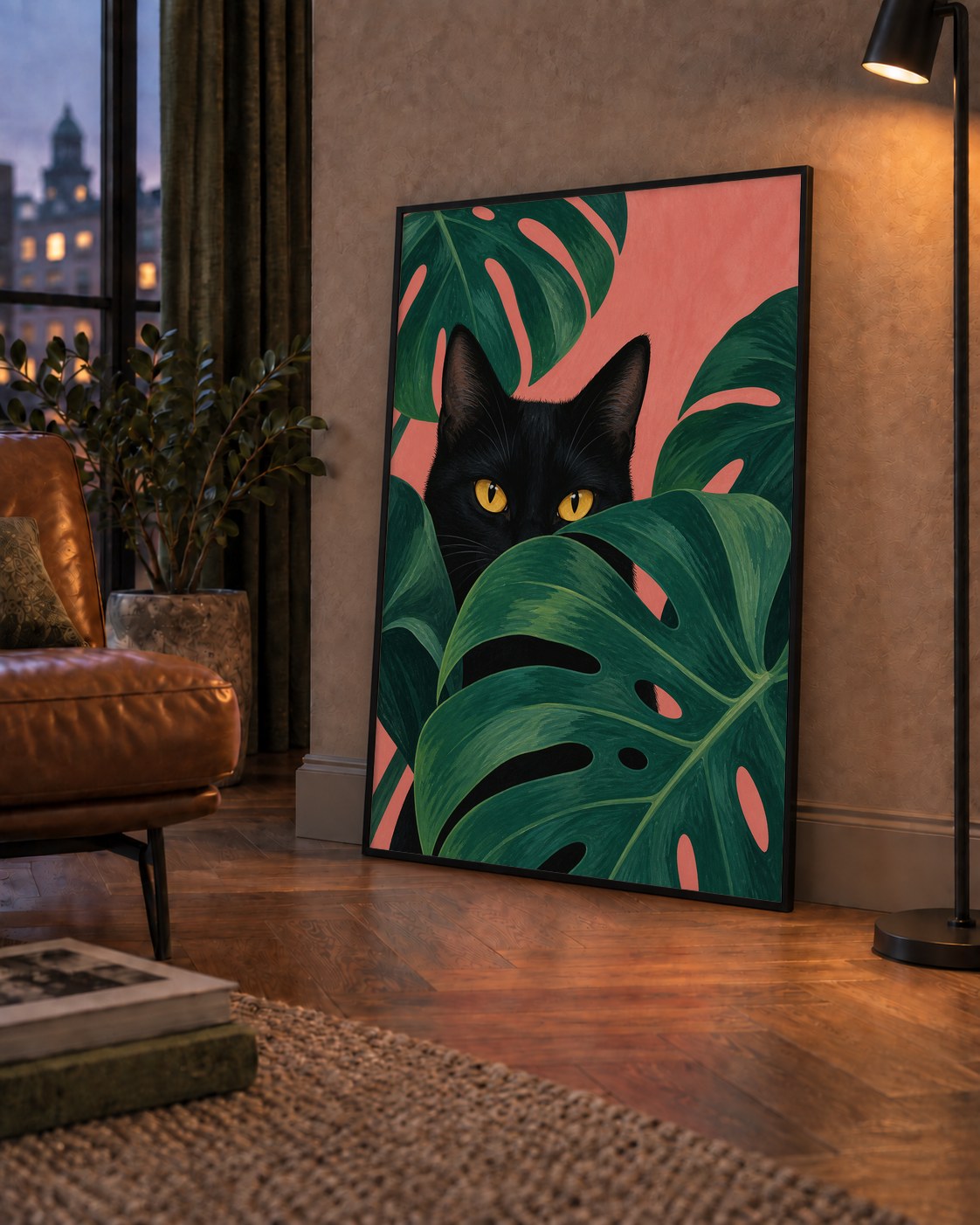 Monstera ve Siyah Kedi Dijital Poster – Modern Duvar Dekoru — çerçeveli hâliyle bir ev duvarında