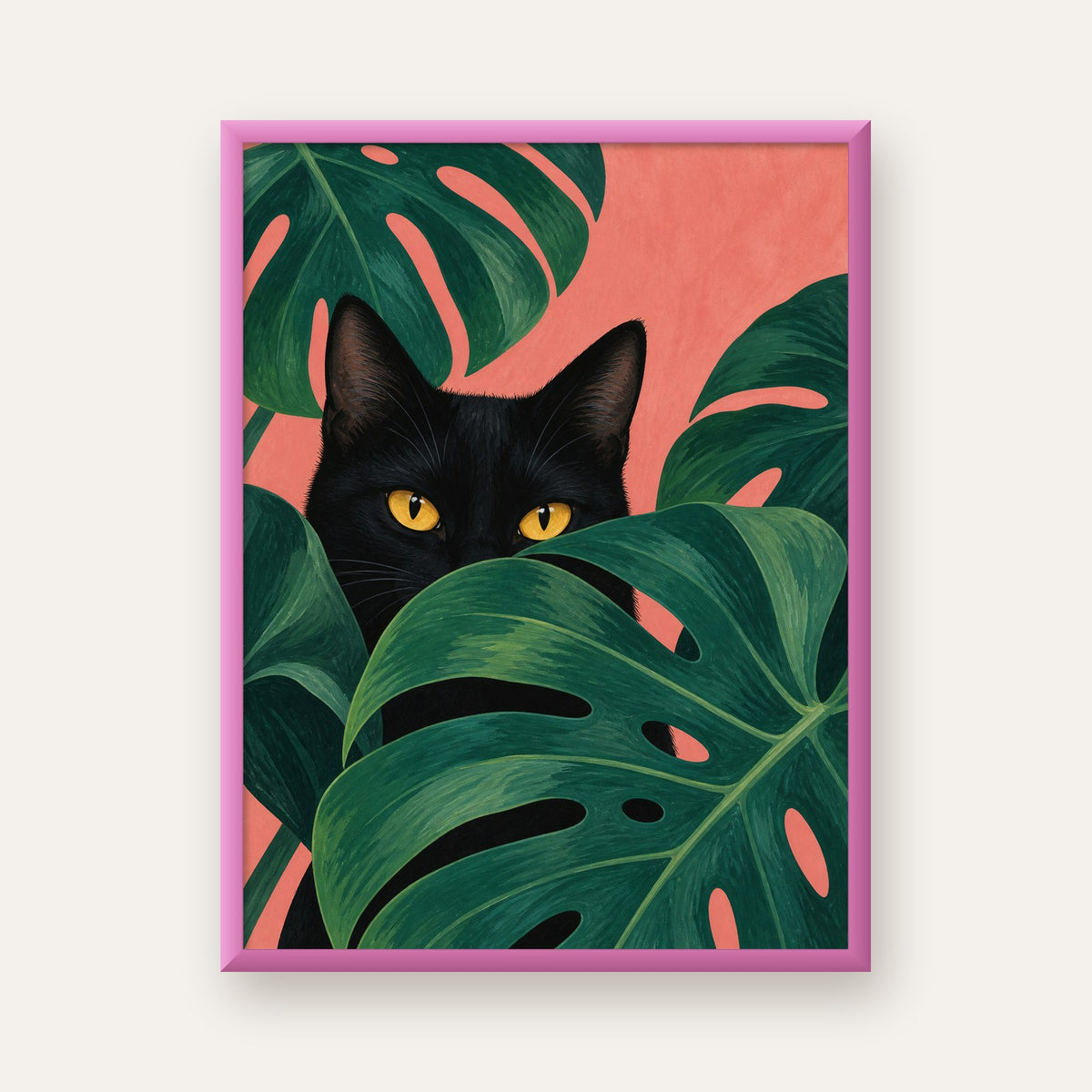Monstera ve Siyah Kedi Dijital Poster – Modern Duvar Dekoru — pembe çerçeveli