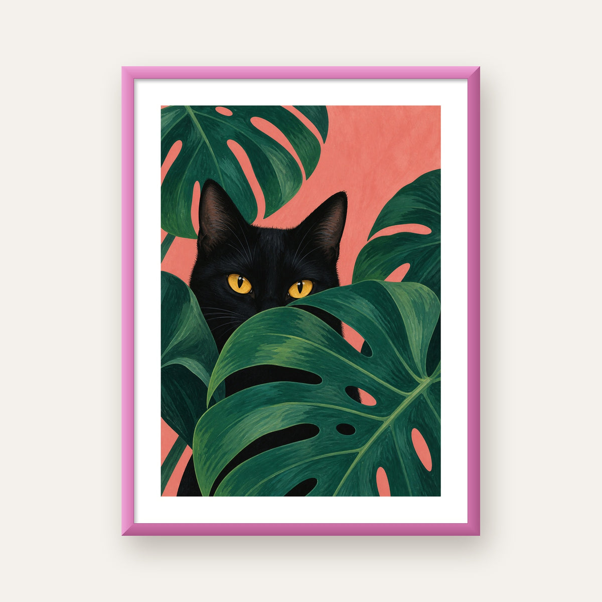 Monstera ve Siyah Kedi Dijital Poster – Modern Duvar Dekoru — pembe çerçeveli paspartulu