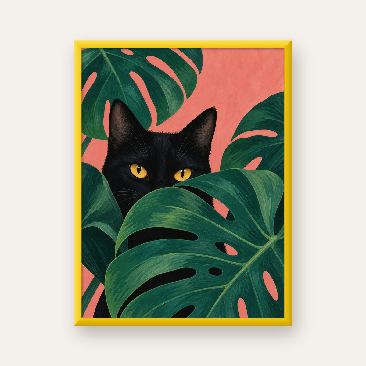 Monstera ve Siyah Kedi Dijital Poster – Modern Duvar Dekoru — sarı çerçeveli