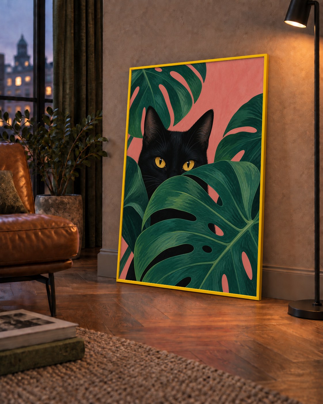 Monstera ve Siyah Kedi Dijital Poster – Modern Duvar Dekoru — çerçeveli hâliyle bir ev duvarında