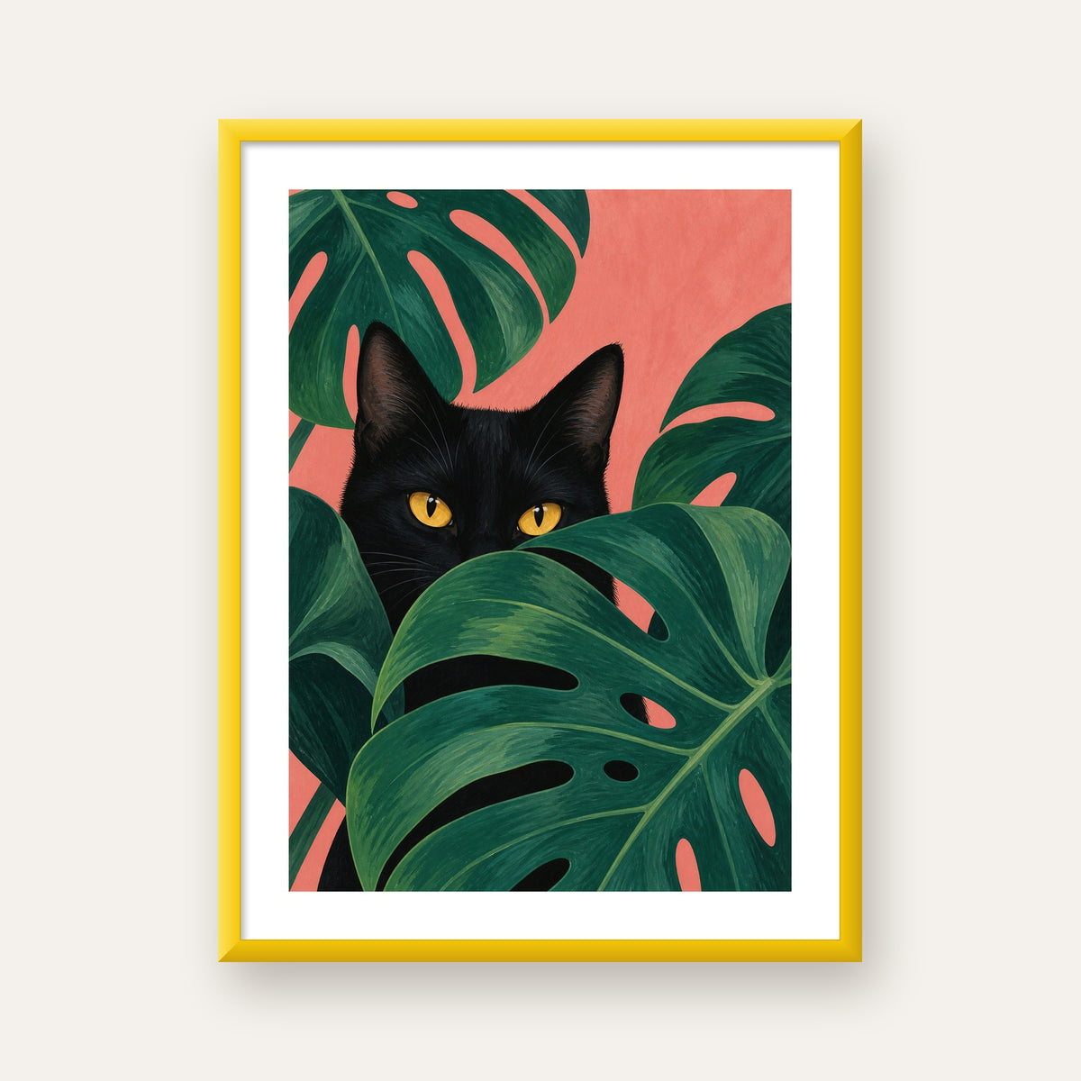 Monstera ve Siyah Kedi Dijital Poster – Modern Duvar Dekoru — sarı çerçeveli paspartulu