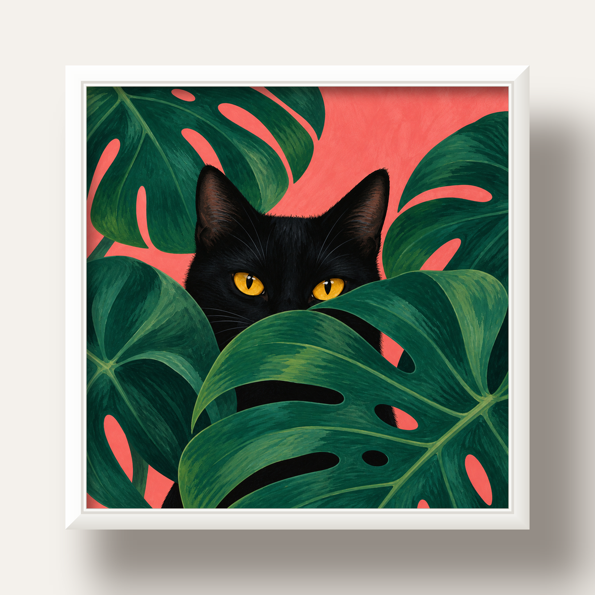 Monstera ve Siyah Kedi Dijital Poster – Modern Duvar Dekoru — beyaz derin çerçeveli