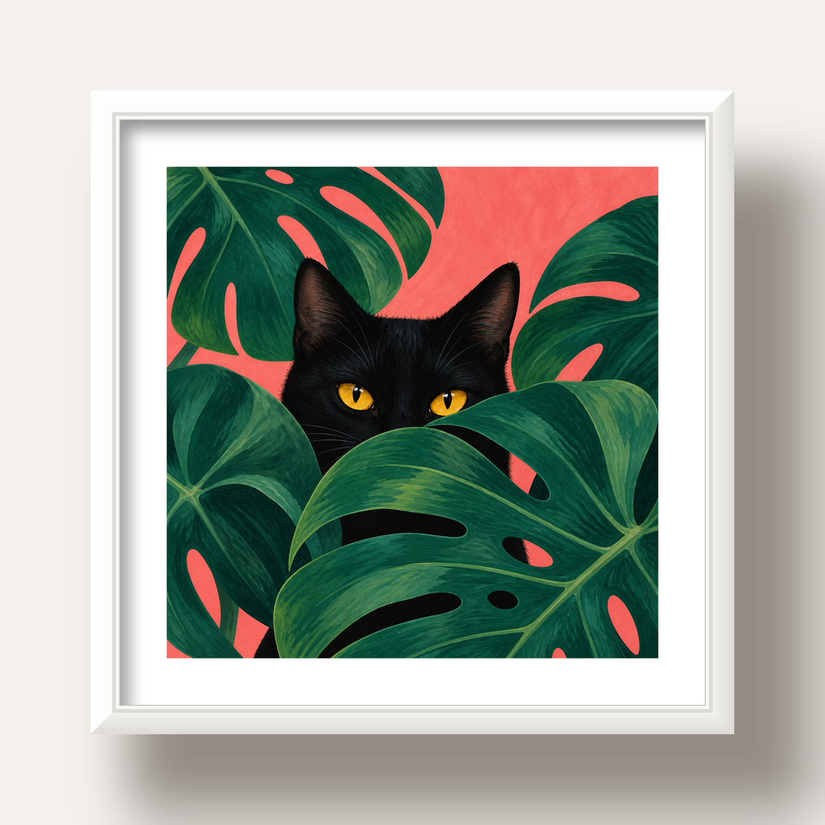 Monstera ve Siyah Kedi Dijital Poster – Modern Duvar Dekoru — beyaz derin çerçeveli paspartulu
