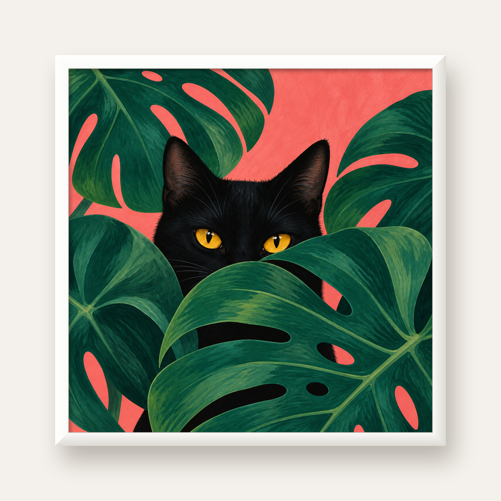 Monstera ve Siyah Kedi Dijital Poster – Modern Duvar Dekoru — beyaz çerçeveli kare poster