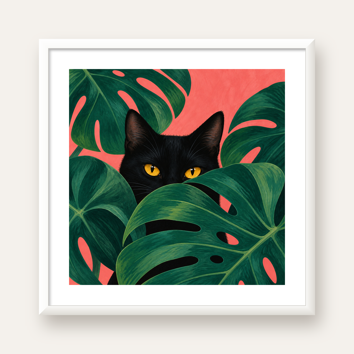 Monstera ve Siyah Kedi Dijital Poster – Modern Duvar Dekoru — beyaz çerçeveli kare poster