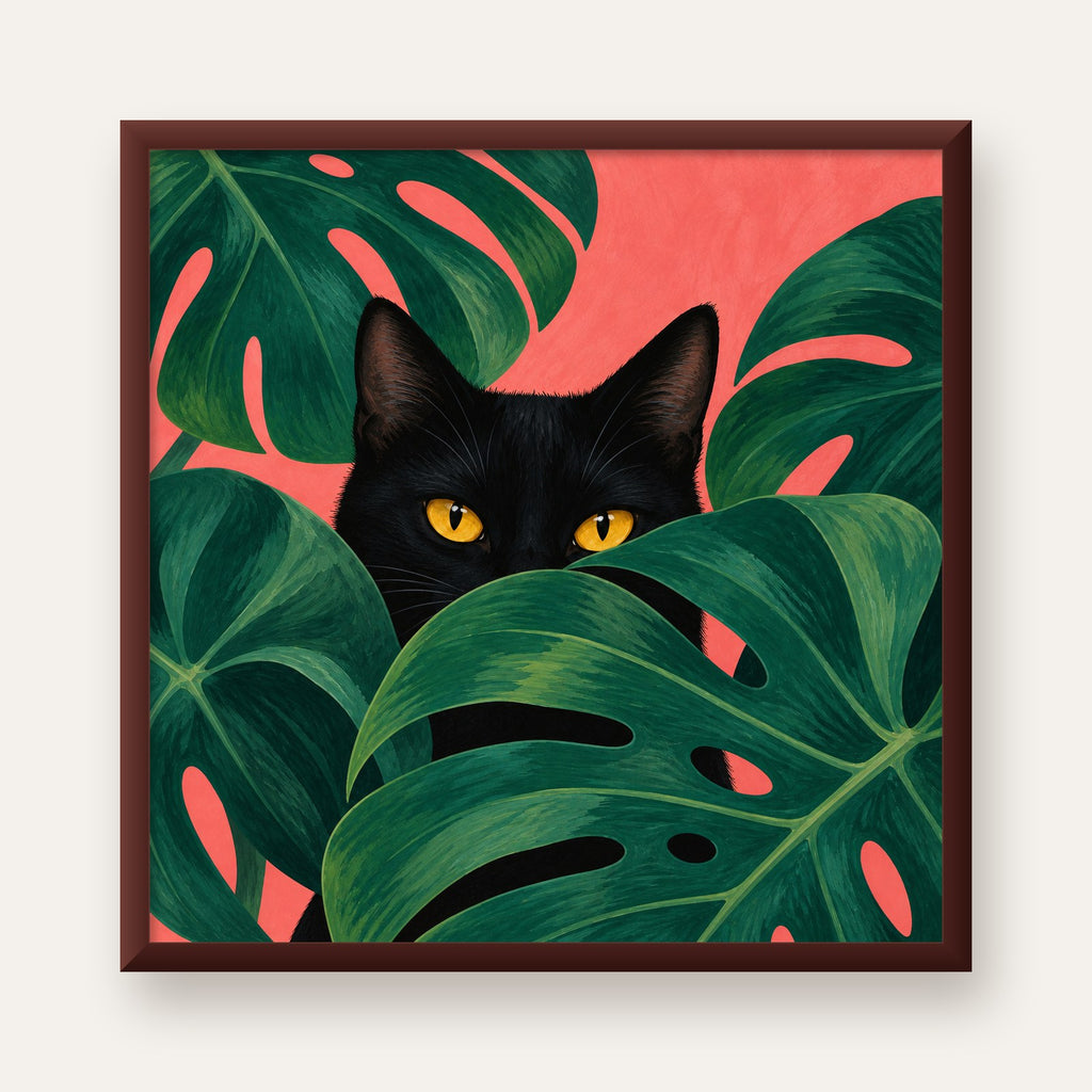 Monstera ve Siyah Kedi Dijital Poster – Modern Duvar Dekoru — ceviz çerçeveli