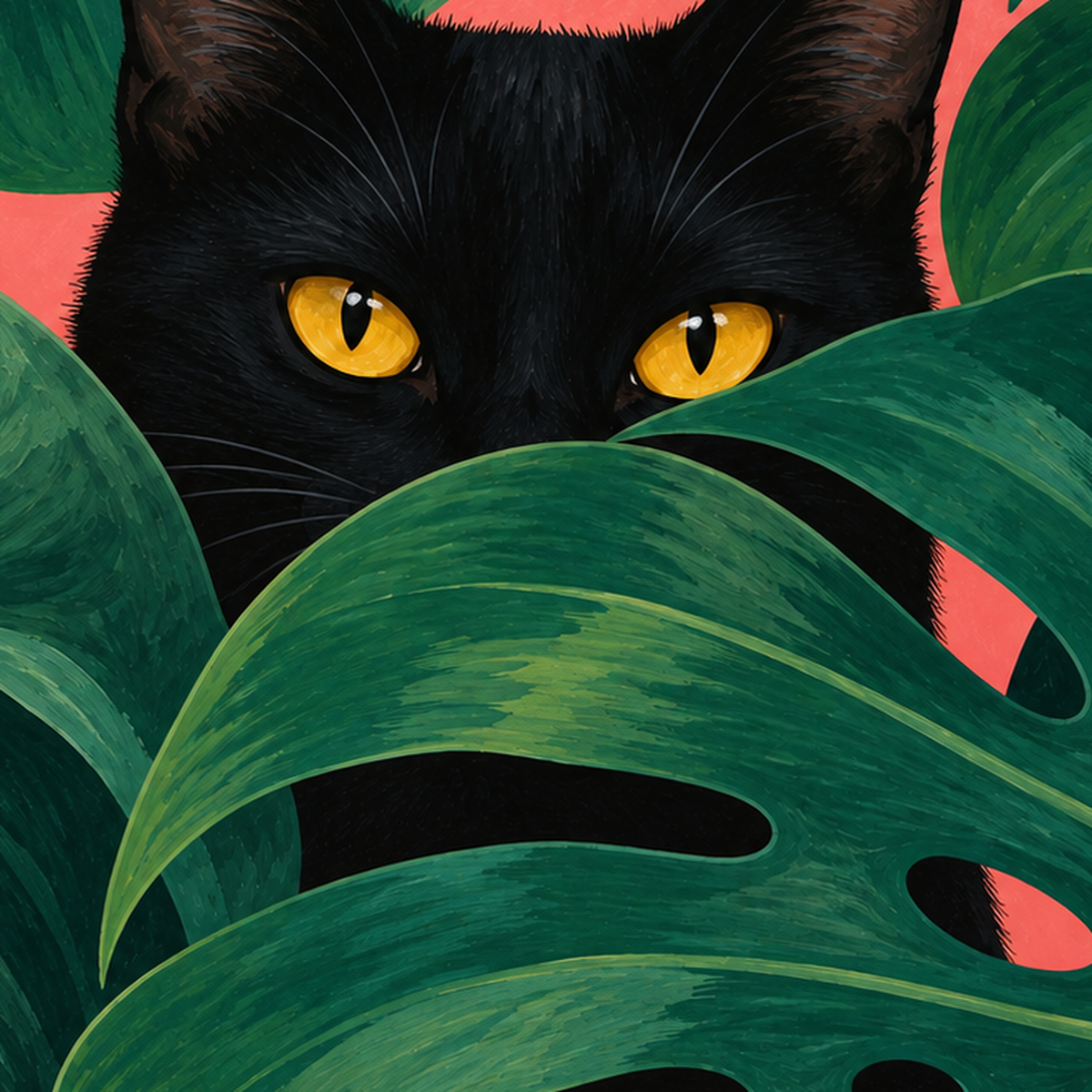 Monstera ve Siyah Kedi Dijital Poster – Modern Duvar Dekoru — baskının yakın çekimi, kâğıt dokusu ve renk detayı