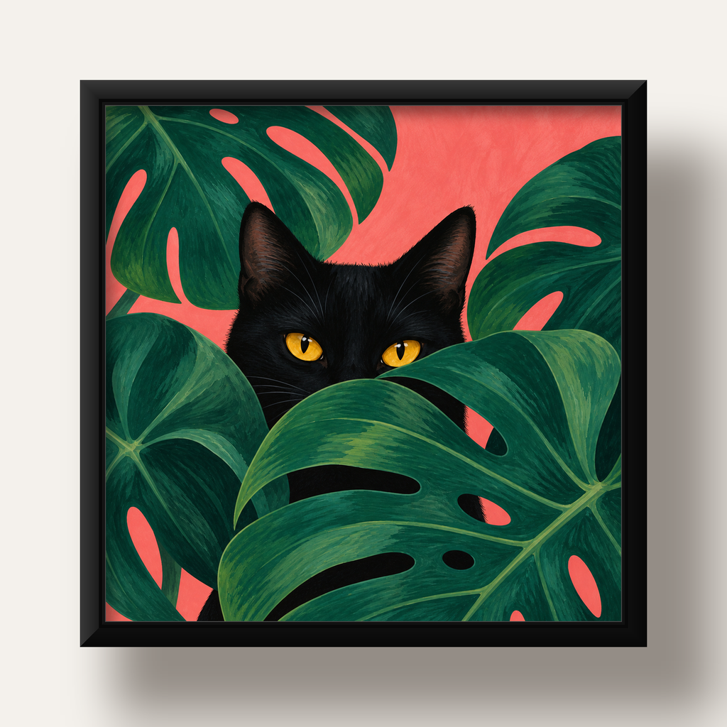 Monstera ve Siyah Kedi Dijital Poster – Modern Duvar Dekoru — siyah derin çerçeveli