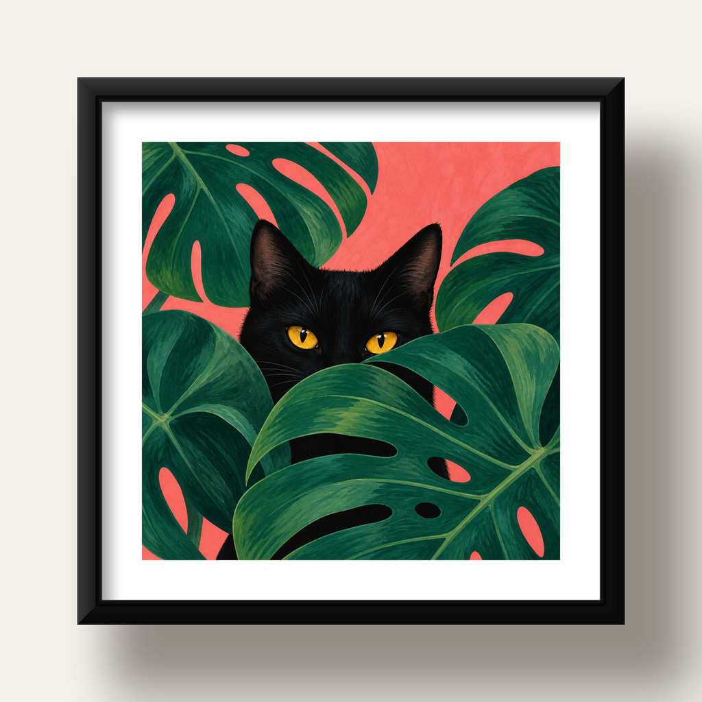 Monstera ve Siyah Kedi Dijital Poster – Modern Duvar Dekoru — siyah derin çerçeveli paspartulu