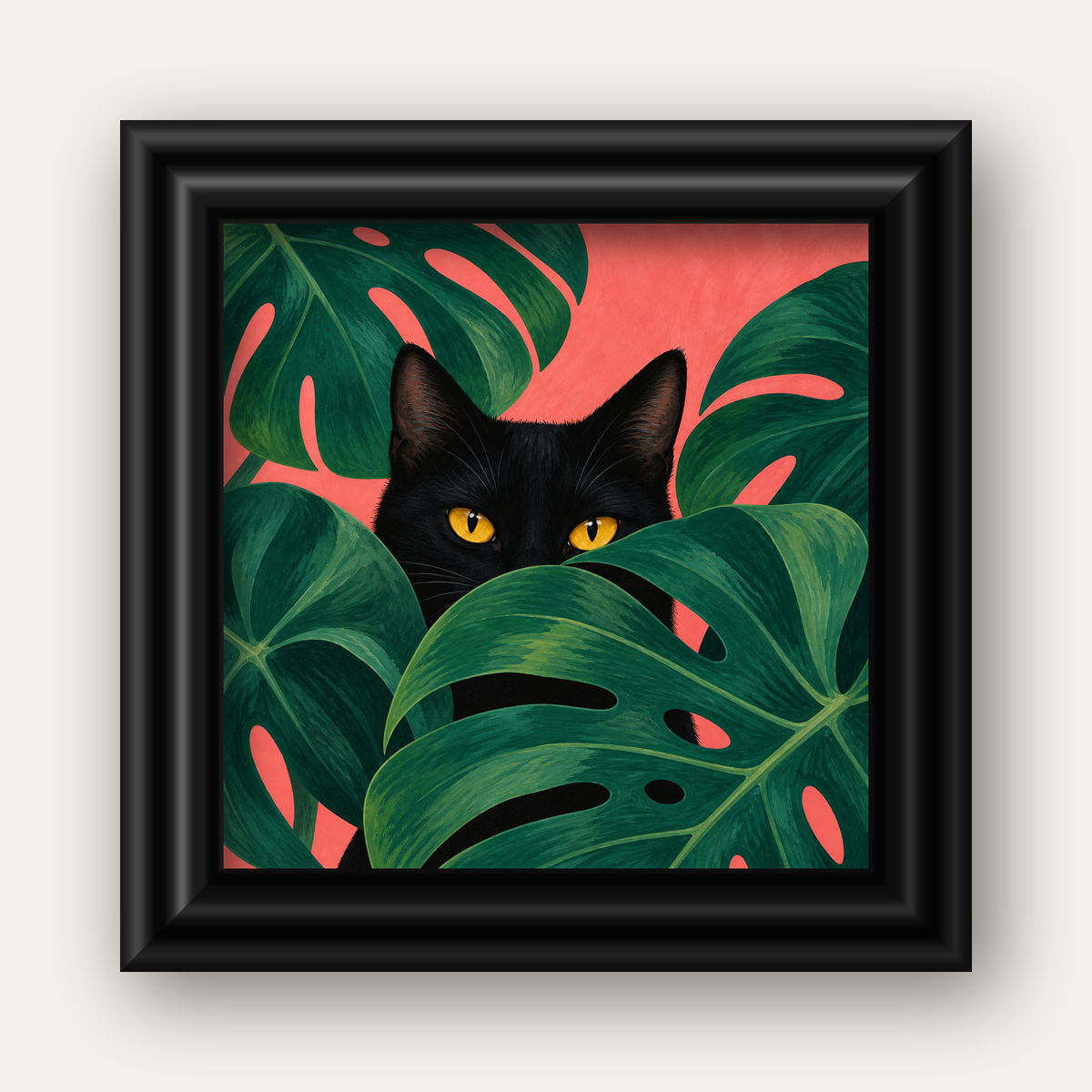 Monstera ve Siyah Kedi Dijital Poster – Modern Duvar Dekoru — siyah galeri çerçeveli