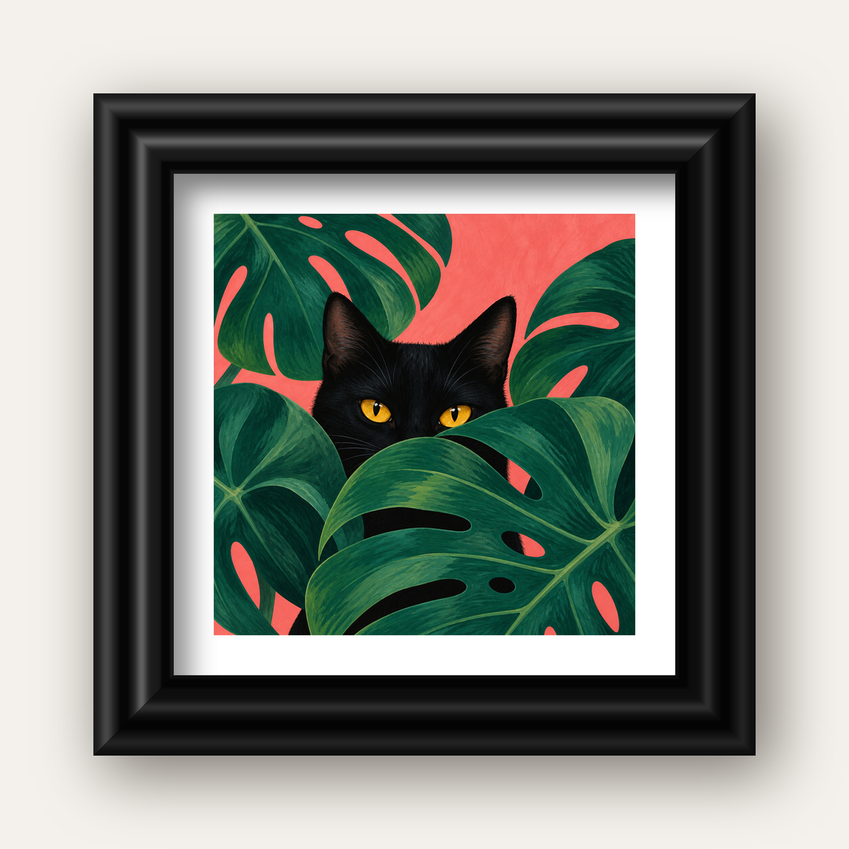 Monstera ve Siyah Kedi Dijital Poster – Modern Duvar Dekoru — siyah galeri çerçeveli paspartulu