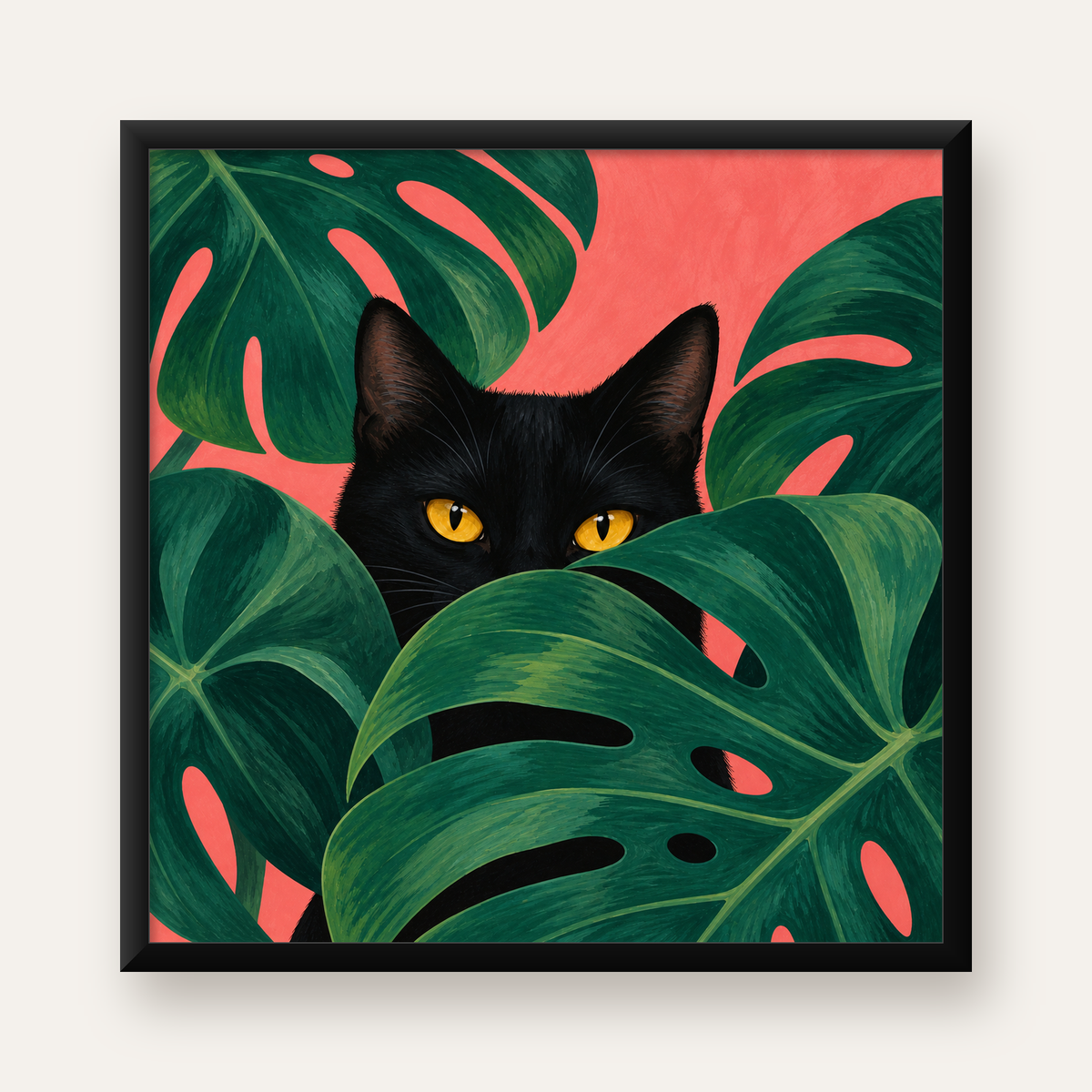 Monstera ve Siyah Kedi Dijital Poster – Modern Duvar Dekoru — Kare baskı, düz siyah çerçeveli duvar posteri