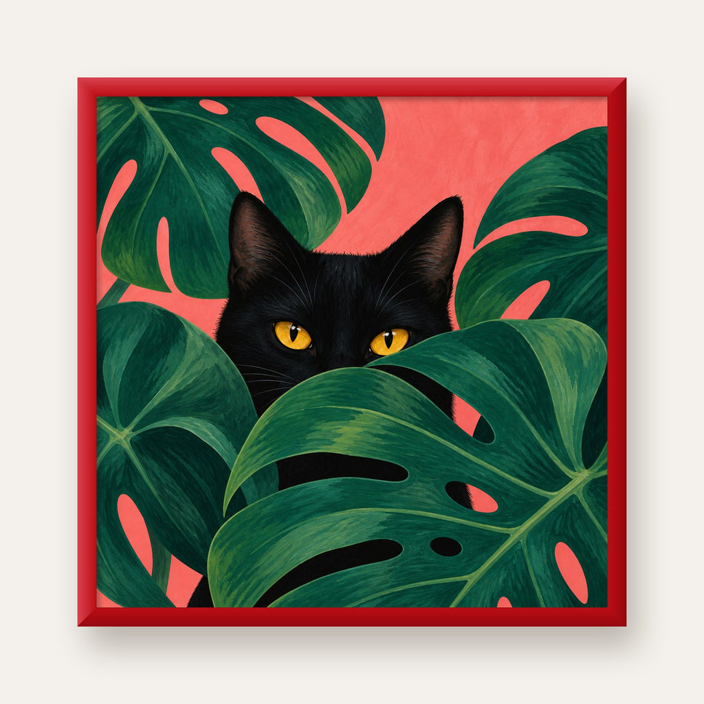 Monstera ve Siyah Kedi Dijital Poster – Modern Duvar Dekoru — kırmızı çerçeveli