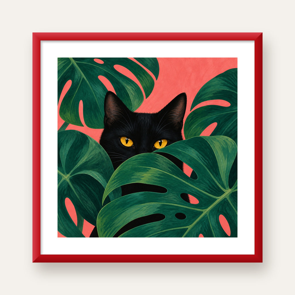 Monstera ve Siyah Kedi Dijital Poster – Modern Duvar Dekoru — kırmızı çerçeveli paspartulu
