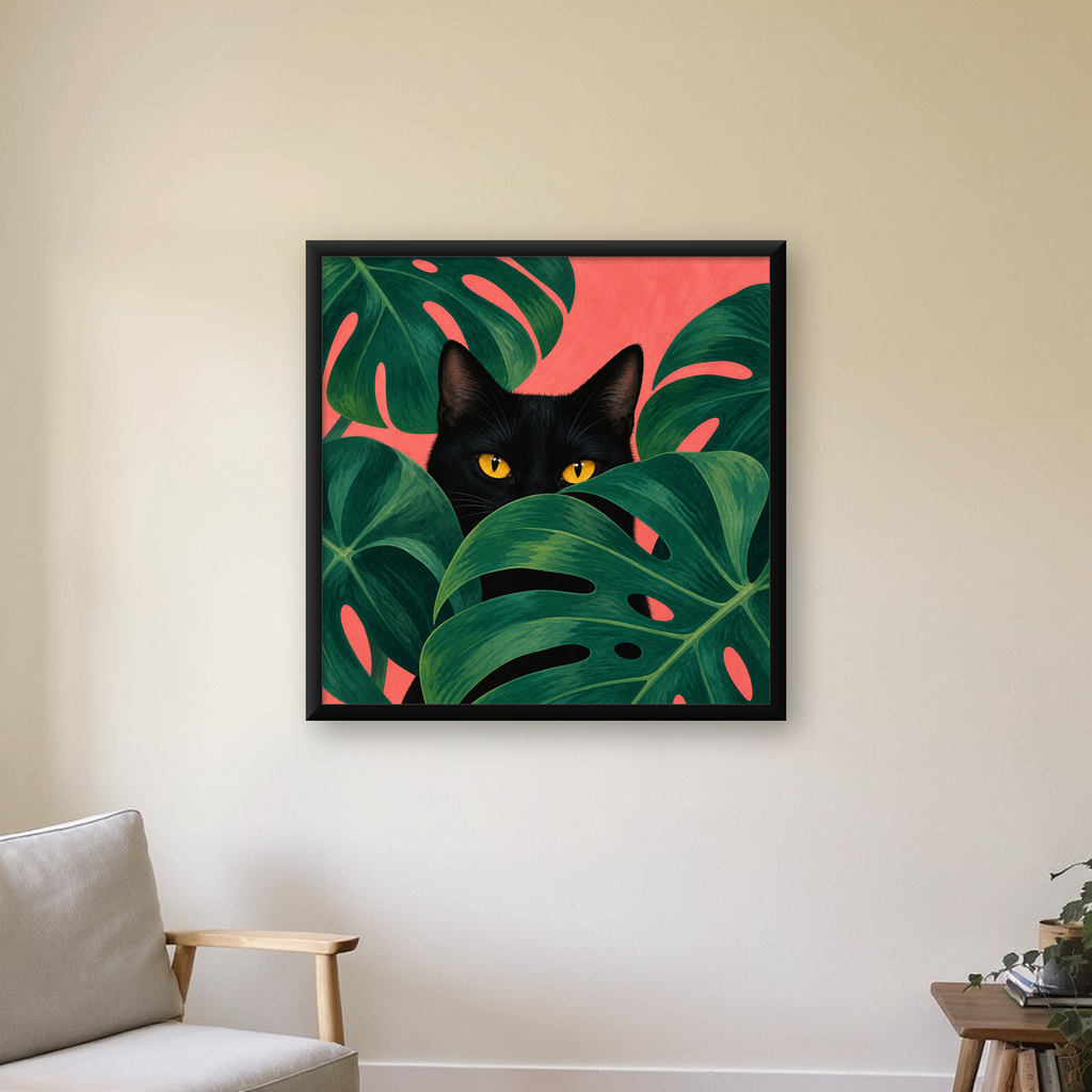 Monstera ve Siyah Kedi Dijital Poster – Modern Duvar Dekoru — Kare baskı, çerçeveli hâliyle bir ev duvarında
