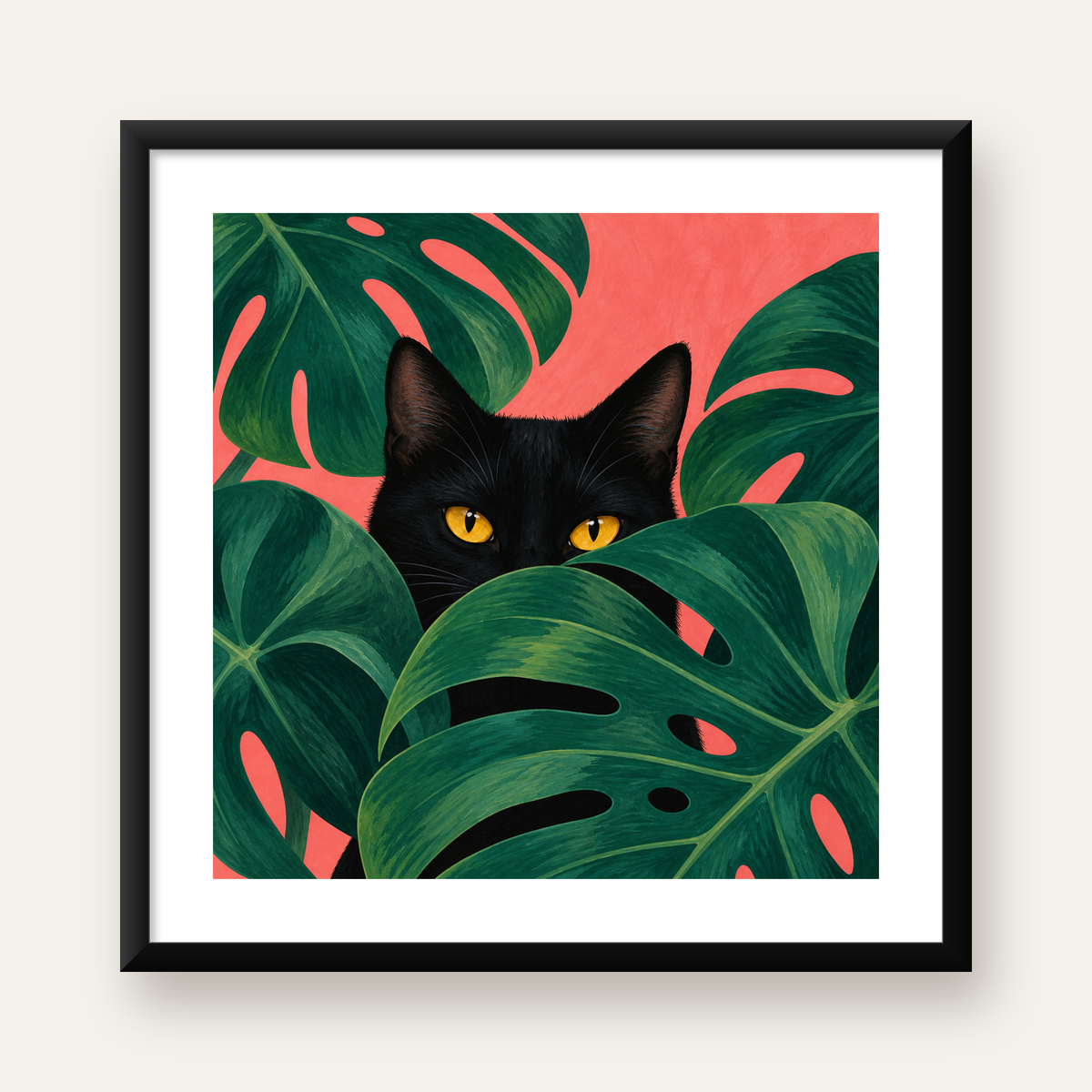 Monstera ve Siyah Kedi Dijital Poster – Modern Duvar Dekoru — Kare baskı, beyaz paspartulu