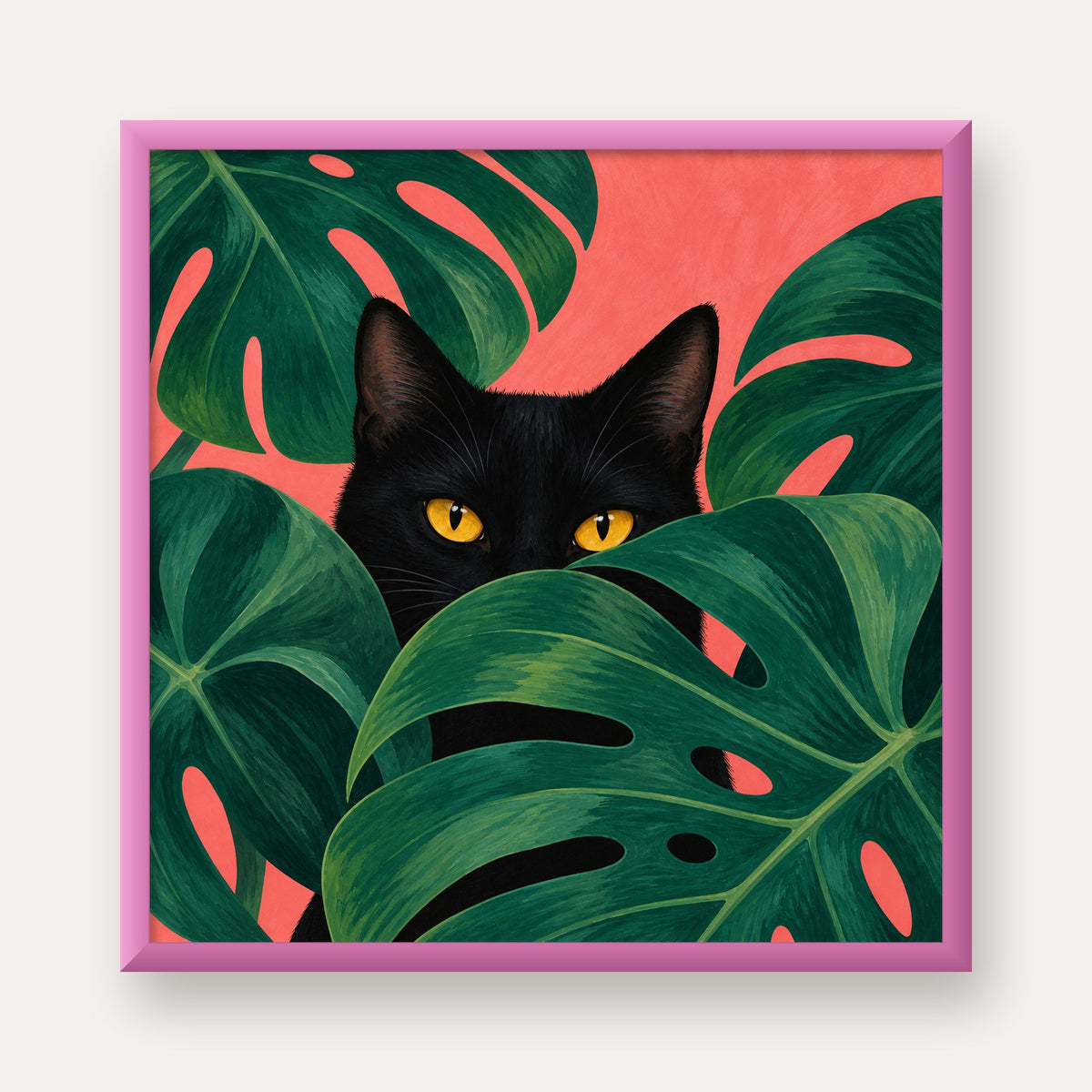 Monstera ve Siyah Kedi Dijital Poster – Modern Duvar Dekoru — pembe çerçeveli