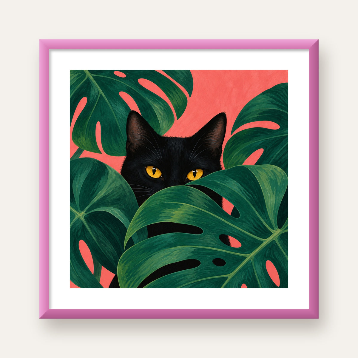 Monstera ve Siyah Kedi Dijital Poster – Modern Duvar Dekoru — pembe çerçeveli paspartulu