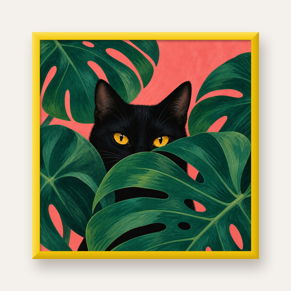 Monstera ve Siyah Kedi Dijital Poster – Modern Duvar Dekoru — sarı çerçeveli